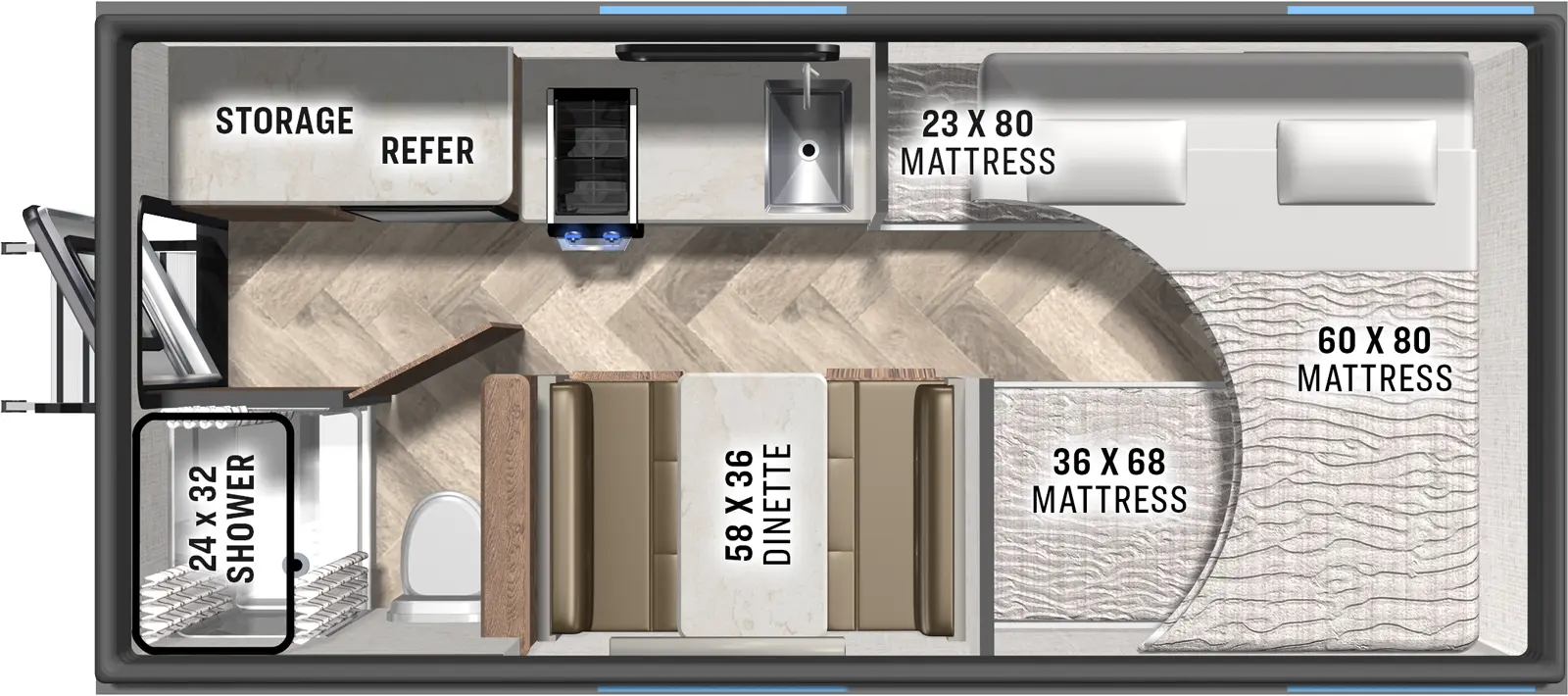 The Palomino O.V.E. 15.2 floorplan has one entry and zero slide outs. Exterior features include: fiberglass exterior and 6' Rear awning. Interiors features include: bunk beds and front bedroom.